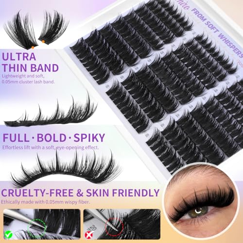 Kiromiro Lash Clusters with Spikes Cluster Eyelash Extensions 12-20mm Wispy Lashes Clusters 216pcs Fluffy DIY Cluster Lashes Extensions Fairy Individual Eyelash Clusters