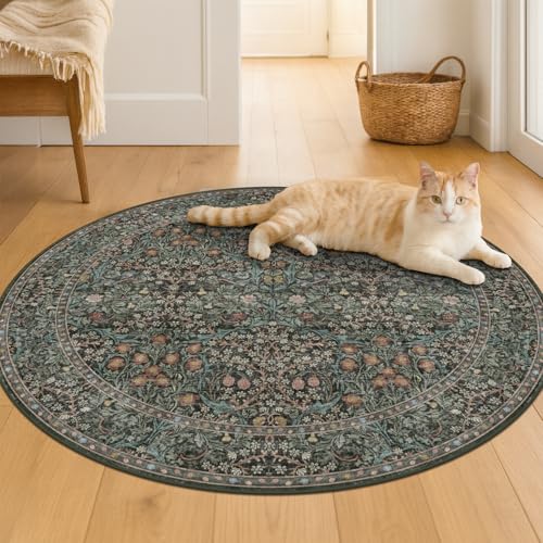 6ft Dark Green Round Vintage Floral Area Rug - Washable, Non-Slip, Pet Friendly