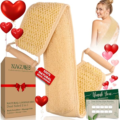 Mom Gift Premium Egyptian 100% Natural loofah with Handle Back Scrubber for Shower and Massage exfoliating Body Scrubber loofah for Men and Women for Shower loofa Clean Your Back Deeply