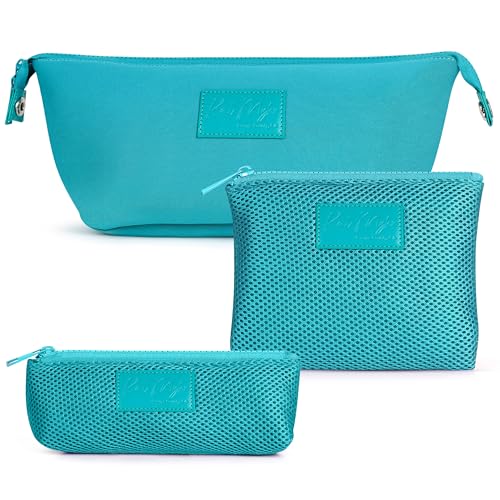 Kat Myhr Turquoise Neoprene Travel Makeup & Cosmetic Bag Set with Mesh Pouches