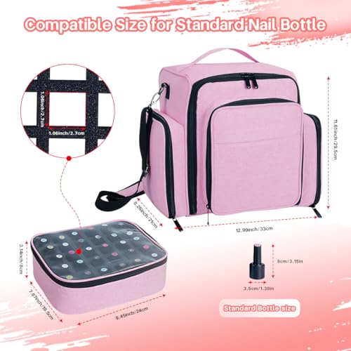 Nail Polish Organizer Storage Box, Holds 90 Bottles of Nail Polish, Portable Travel Case with 3 Separate Storage Bags, Can Be Used for Nail Art Supplies, Manicurists, etc Pink