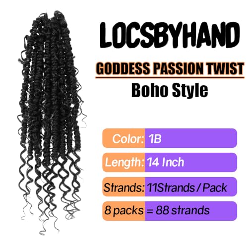LOCSBYHAND 14 Inch Natural Black Boho Crochet Passion Twist Hair 8 Packs