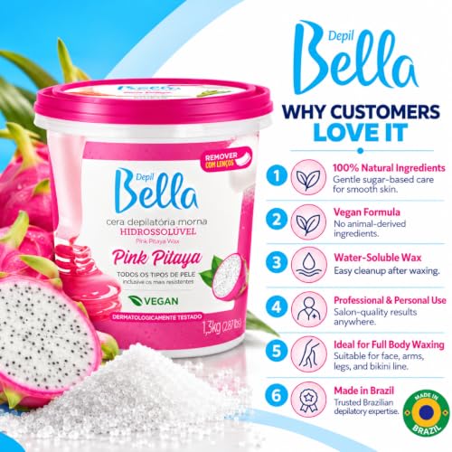 Depil Bella Brazilian Pink Pitaya Sugar Wax Paste 2.87 lb (45.92 oz) – Stripless Hard Wax for Brows, Bikini & Body