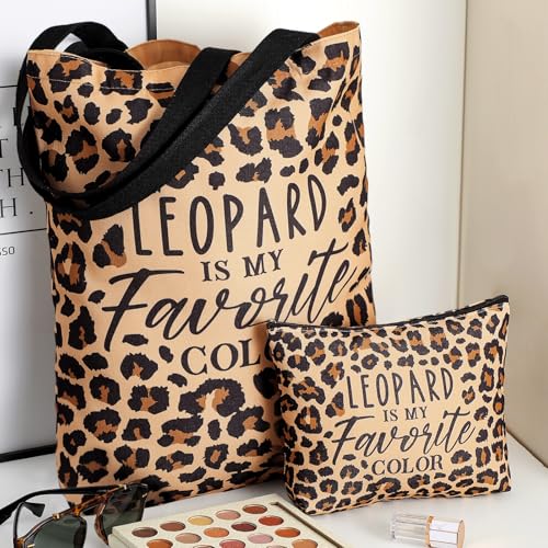 Paterr 2 Pack Leopard Print Makeup Bag and Tote Bag Cheetah Canvas Handbag Zipper Pouch Gifts for Women