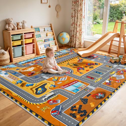 Kids Construction Site Play Rug 6x9 ft Brown Interactive Playroom Mat