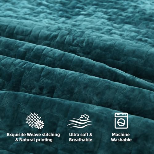 Velvet Bedspread Quilt Coverlet Bedding Set - Teal Queen Size (90x98 inches)