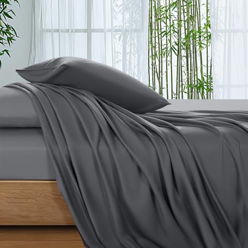 Queen Size Bamboo Viscose Bed Sheets Set - Dark Grey, 4PC, Deep Pocket