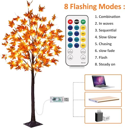 2 Pack 5Ft Fall Maple Tree Light with 90 LEDs and 8 Flash Modes - Indoor Outdoor Thanksgiving Decor