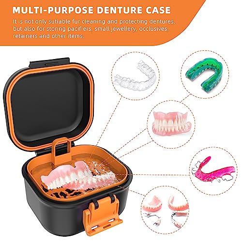 ARGOMAX Denture Bath Cup with Strainer & Storage - Black Shell + Orange Variation