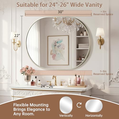22x30 Inch Oval Brushed Nickel Bathroom Mirror - Modern Wall Decor