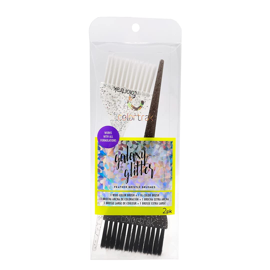 Colortrak 2 Piece Galaxy Glitter Hair Color Brushes, For Highlighting and Coloring Large Sections of Hair, 1 x 2.5 Inch Wide Brush with Soft Bristles, 1 x 3 inch Extra Wide Brush with Stiff Bristles