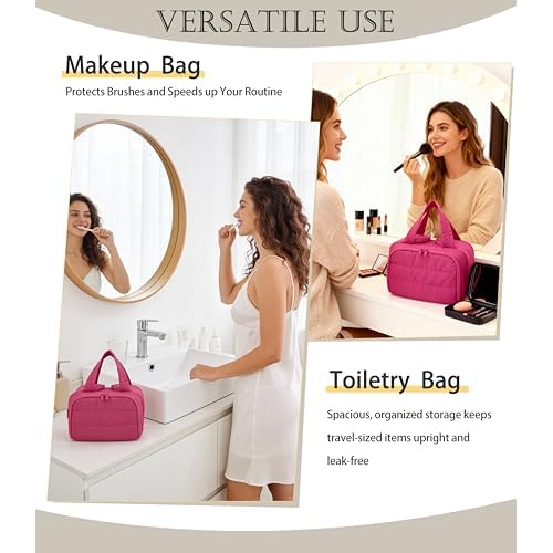 Travel Toiletry Bag for Women, Large Wide-open Puffy Cosmetic Makeup Bag with Wet-Dry Separation, Multi-Pocket Organizer with Carry Handle for Toiletries, Cosmetics, Essentials, Rose Red