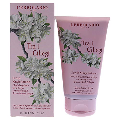 L'Erbolario Tra I Ciliegi MagicAction Body Scrub, Naturally Exfoliating Oil Gel with Cherry Pit Microgranules, Leaves Skin Velvety to the Touch, Transforms into a Pleasant Milky Emulsion, 5.07 oz