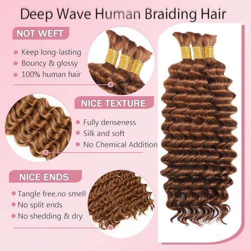Human Hair Extensions Bulk Curly Braiding Hair 12-28 Inch Light Brown #30 Boho Style 3 Bundles