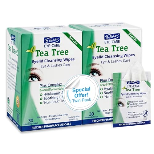 Dr. Fischer Tea Tree Eye Wipes with Hyaluronic Acid & Chamomile, 60 Wipes (Tea Tree / 30 Count Pack of 2)