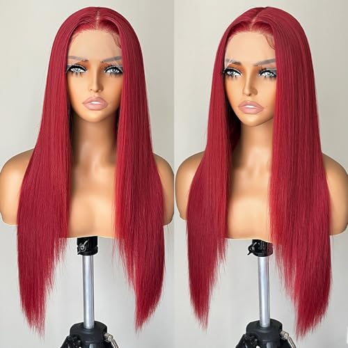 Rose Red Straight Lace Front Wig 26 Inch Glueless Synthetic Hair for Women - FABÉLLE