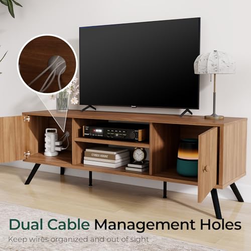 Brown 53-Inch Mid-Century Modern TV Stand for 55-65 Inch TVs with Fluted Doors