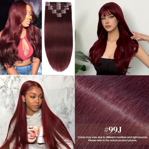 CHARMHAIR 16 Inch Remy Human Hair Clip-In Extensions Burgundy 90g - Easy Volume & Styling