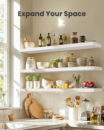Amada 47.2-Inch White Floating Wall Shelves Set of 3 for Storage & Decor