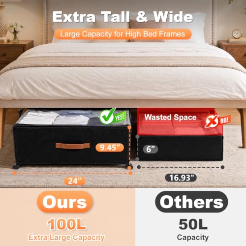 Extra Large Under Bed Storage Box with Wheels - 100L, Black, 30.7" x 24" x 9.5"