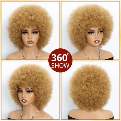 Short Afro Human Hair Wig for Black Women - Honey Blonde 70s Style Curly Wig with Bangs