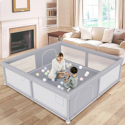 Large Baby Playpen 79x79 Inch - Grey, Safe Toddler Play Area
