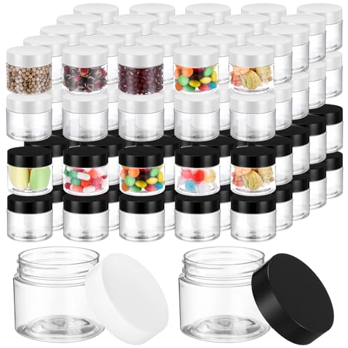 Meanplan 100 Pcs 2 oz Plastic Container Jars Clear Round Cosmetic Container with Lids, Plastic Jars with Screw Lids for Travel Storage, Kitchen Use, DIY Crafts(Black, White, PP)