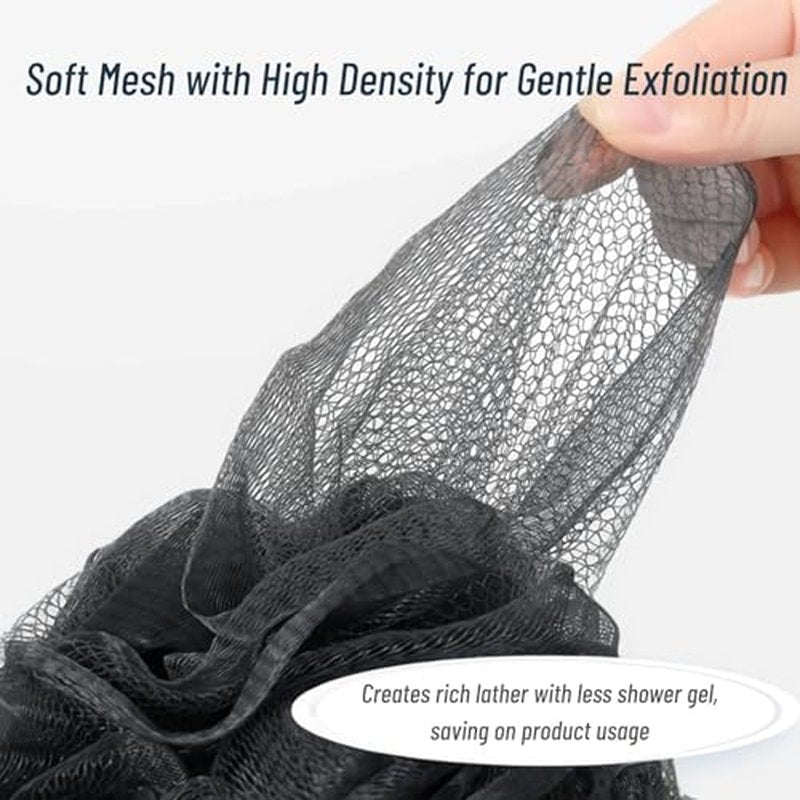 6-Pack 80g Shower Loofah for Men ? Extra-Large Body Sponge with Triple-Tied Knots, High-Density Mesh, Rich Lather, Durable Exfoliating Pouf (Black)