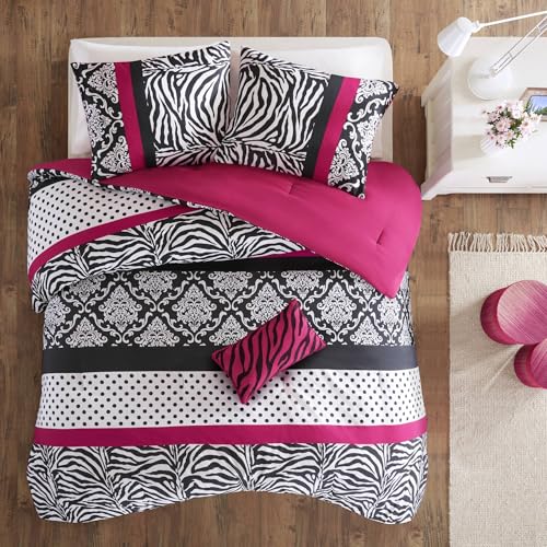 Pink Zebra Twin XL Comforter Set - Polka Dot & Damask Bedding 3pc