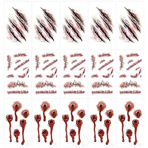 Scar Temporary Face Tattoo,Fake Bleeding Tattoos Sticker for Adult Kids Halloween Costume Accessories and Parties,15-Sheet