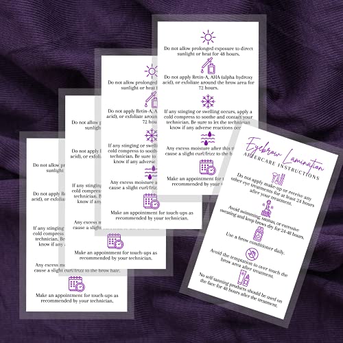 Brow Lamination Aftercare Card | 50 Pack | 2x3.5¡± inches Business Card Size | Starter Lift Kit At Home DIY Brow Lift and Tint | Snatched Brows White with Purple Design