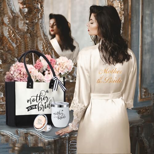 Suhine 14 Pcs Mother of The Bride and Groom Gifts Set Wedding Satin Robe Canvas Tote Bag with Makeup Bag 12 oz Tumbler Cup Small Makeup Mirror Scrunchies Knot Bracelet Wedding Gift for Mom(Champagne)