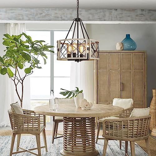 Farmhouse Chandelier 4-Light Pendant Light Fixture with White Oak Finish - Rustic Dining Room Lighting