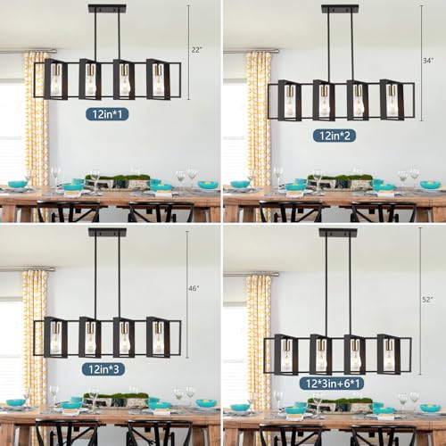 9MMML 35.4in Black Wood & Metal Kitchen Island Pendant Light 4 Lights, Adjustable Height