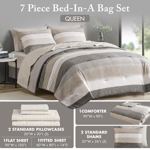 Queen Comforter Set with Sheets - Taupe/Grey Stripe Bed in a Bag, 7 Pieces