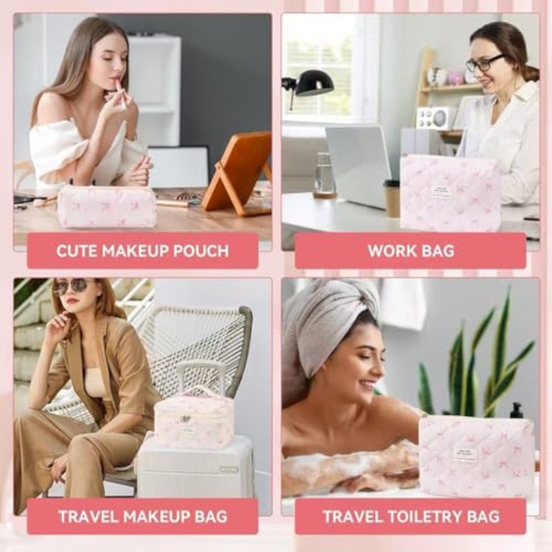 3Pcs Makeup Bag Cute Cosmetic Bags for Women, Large Capacity Travel Quilted Makeup Bag Set,Cotton Floral Makeup Pouch, Coquette Puffy Toiletry Bag,Attractive Quilted Pouch (Pink bow)