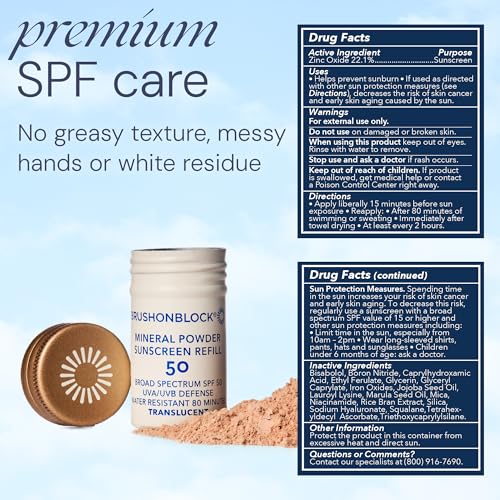 Brush On Block Mineral Sunscreen Powder Refill, Natural Broad-Spectrum SPF 50, Safe for Sensitive Skin, UVA UVB Face Protection, Reef Friendly (Translucent - Refill)