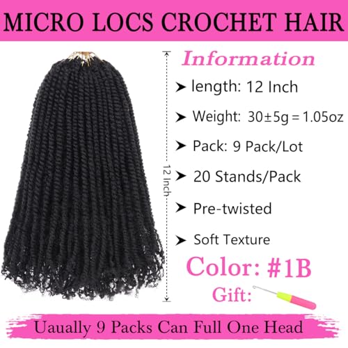 Pre-Twisted Micro Twist Crochet Hair 12 Inch Natural Black 9 Pack - Easy Install
