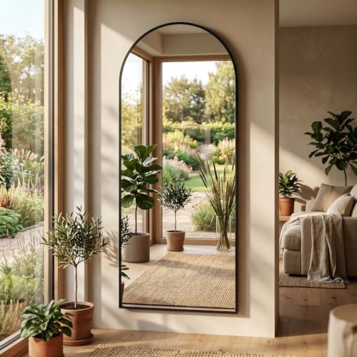 Full Length Floor Mirror with Stand - Arched Modern Design, HD Explosion-Proof Glass, Black 58x18 inches