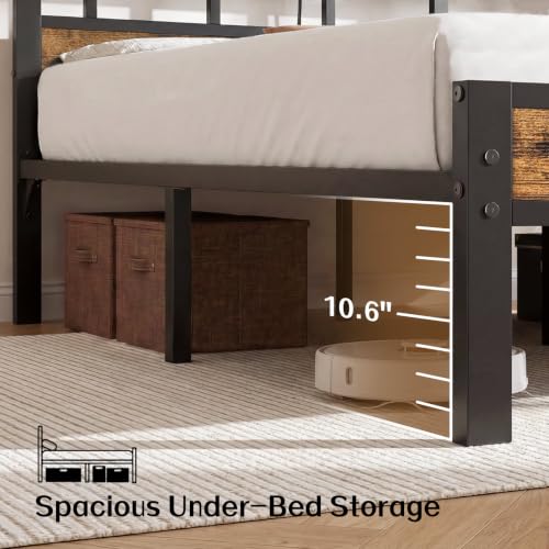 Vintage Brown Twin Bed Frame with Charging Station & LED Lights