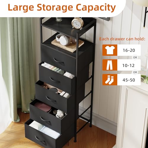 Tall Fabric Dresser with 5 Drawers - Modern Bedroom Storage Nightstand - Black, 11.4 x 15.2 x 42.1 Inches