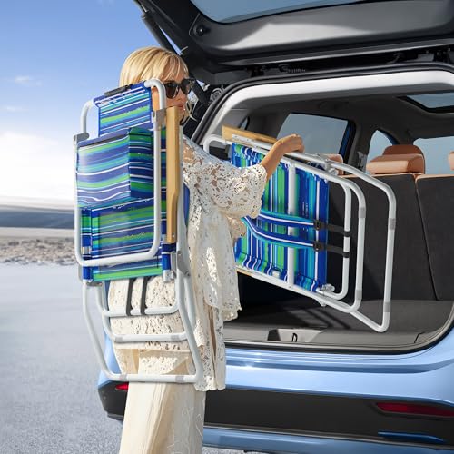 Tall Backpack Beach Chair with Wooden Armrests, 17" Seat Height, 5 Reclining Positions - Blue & Green Variation