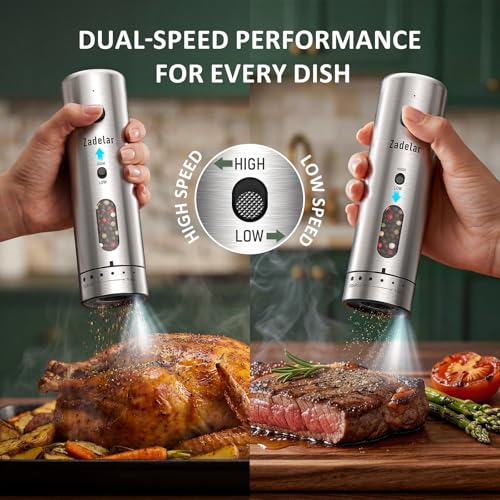 Rechargeable Salt and Pepper Grinder Set - Variable Speed Silver with 6-Level Visible Coarseness Adjustment