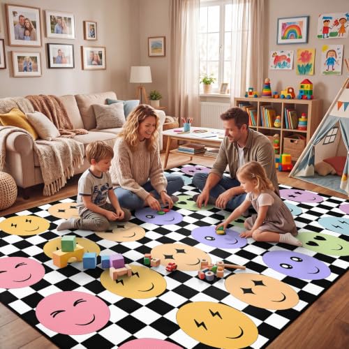 Large Classroom Rug with Smile Face Design - Black & White Variation
