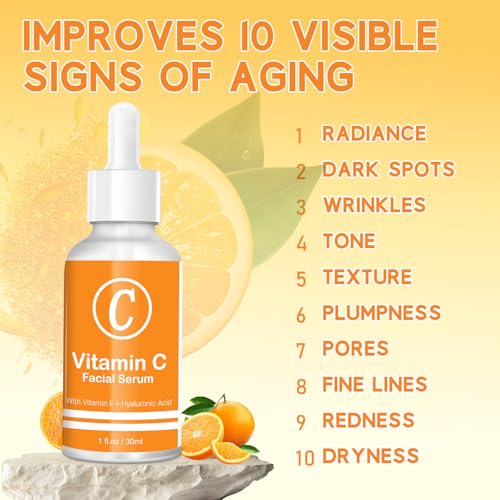 Vitamin C Serum for Face, 20% Vitamin C Brightening Serum with Hyaluronic Acid & Vitamin E, Anti-Aging, Brightening, Improve Dark Spot, Fine Lines & Wrinkles, 1 Fl Oz