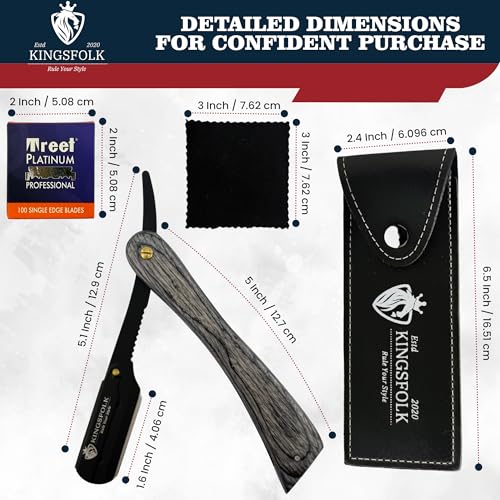 Professional Straight Razor Kit for Men ? Wooden Handle Razor with 100 Platinum Blades, Leather Case, Nitrile Gloves & Cleaning Cloth ? Barber Grade Wet Shave Set
