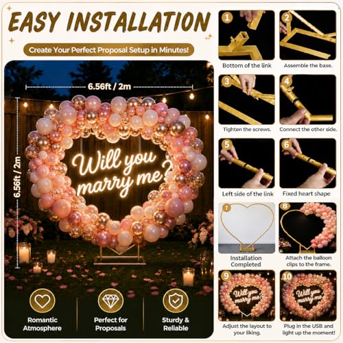 6.6ft Metal Heart Arch Stand with LED Neon Sign for Wedding Proposal and Valentine's Day Decorations
