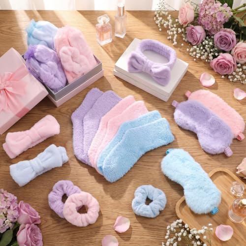 Wavyknot 30 Pcs Spa Party Favors Set with Headbands, Eye Masks, Socks & Organza Bags - Pink, Blue, Purple