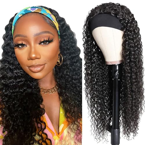 Deep Wave Headband Wig Human Hair 20 Inch Curly Headbands 1B