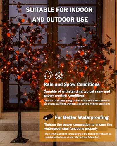 TYBEEU Halloween Decor Set 4ft, 5ft & 6ft Black Maple Trees with LED Lights, Ornaments & Spiders